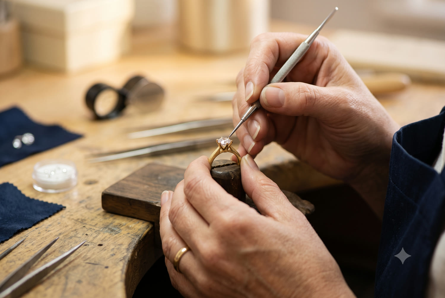 A jeweller hand-setting a diamond into a gold ring