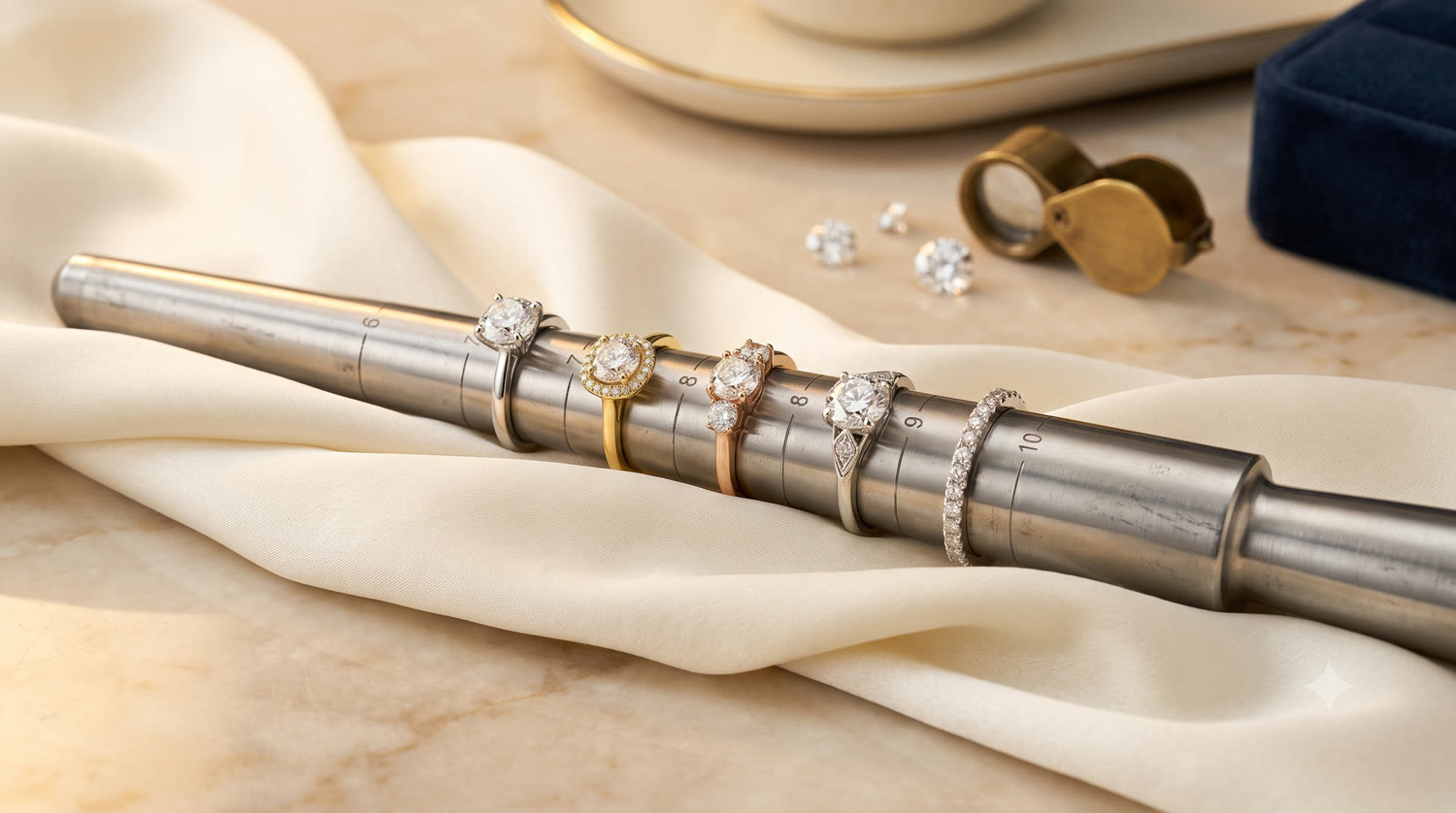 Diamond rings on a jeweller's ring-sizer mandrel