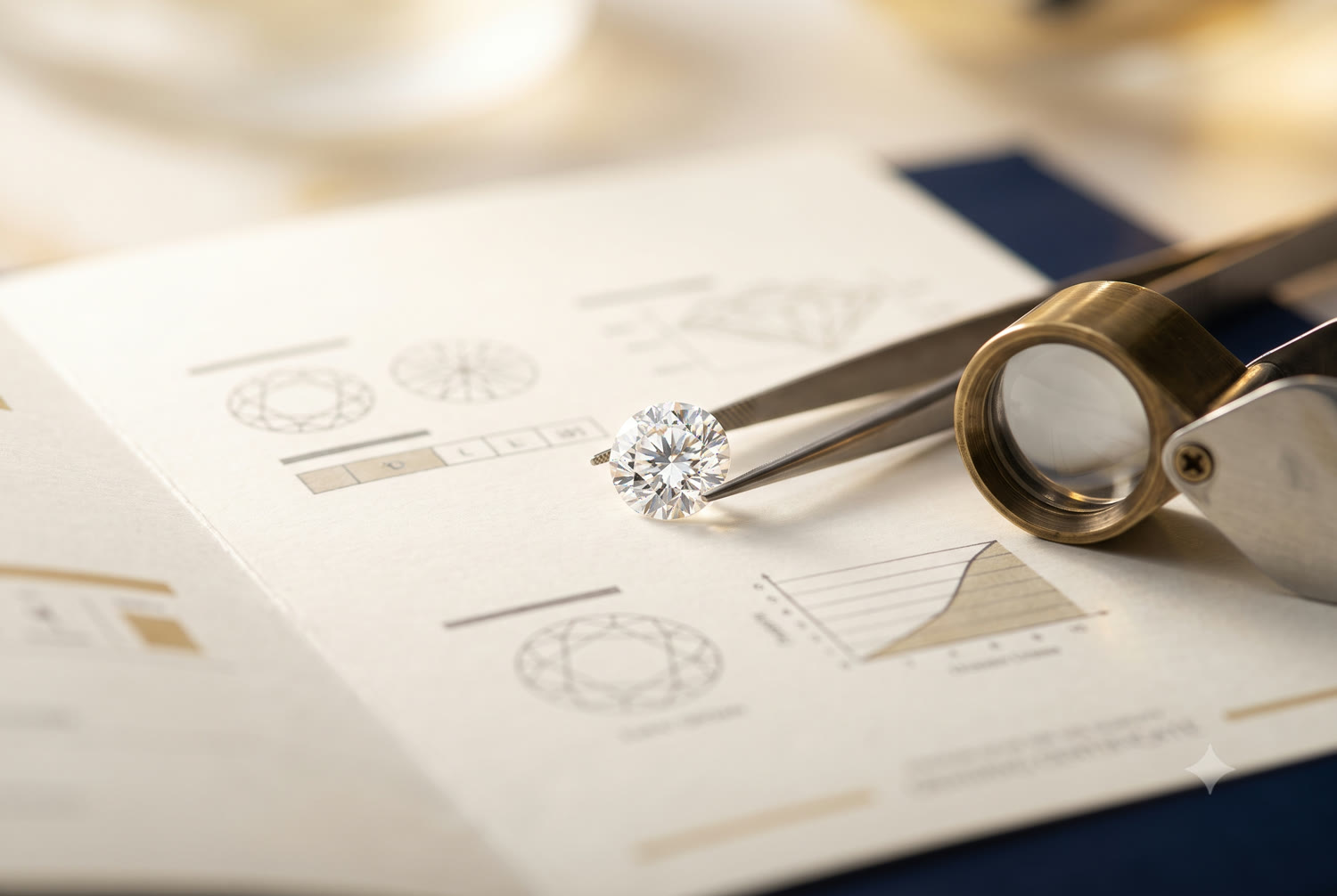 A certified lab-grown diamond with a grading report and loupe
