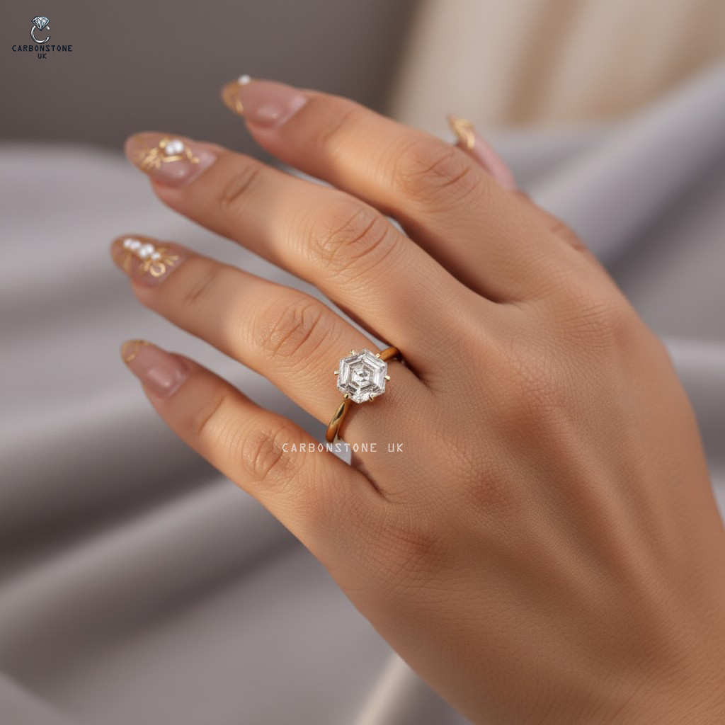 Floral Hexagon Cut Engagement Ring in Sterling Silver