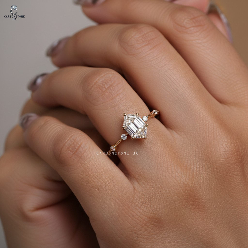 Pave Hexagon Cut Engagement Ring