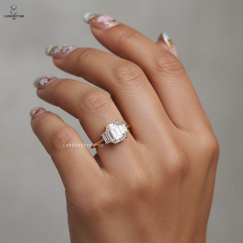 Three Stone Emerald Cut Engagement Ring