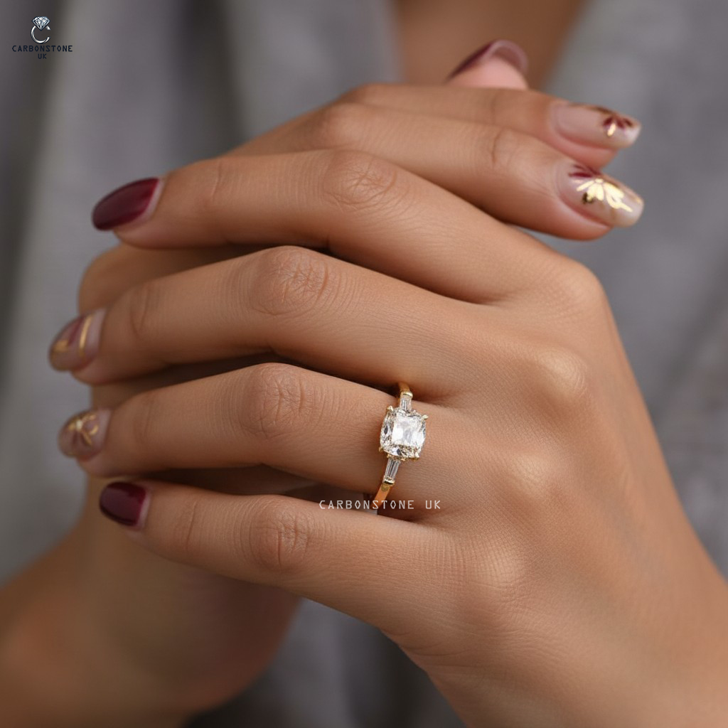 Three Stone Cushion Cut Engagement Ring