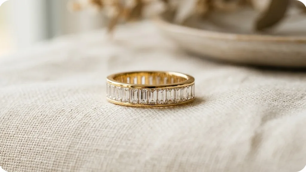 Baguette cut diamond eternity band in yellow gold