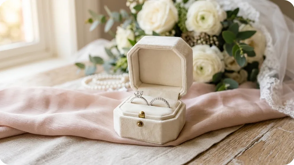 Matching bridal set in an open ring box