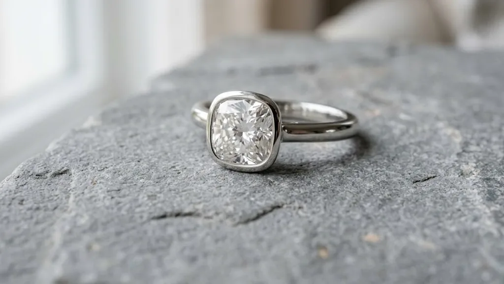 Cushion cut lab-grown diamond engagement ring with bezel setting