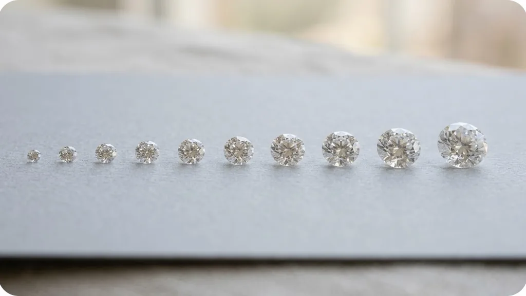 Loose lab-grown diamonds of increasing carat size in a line