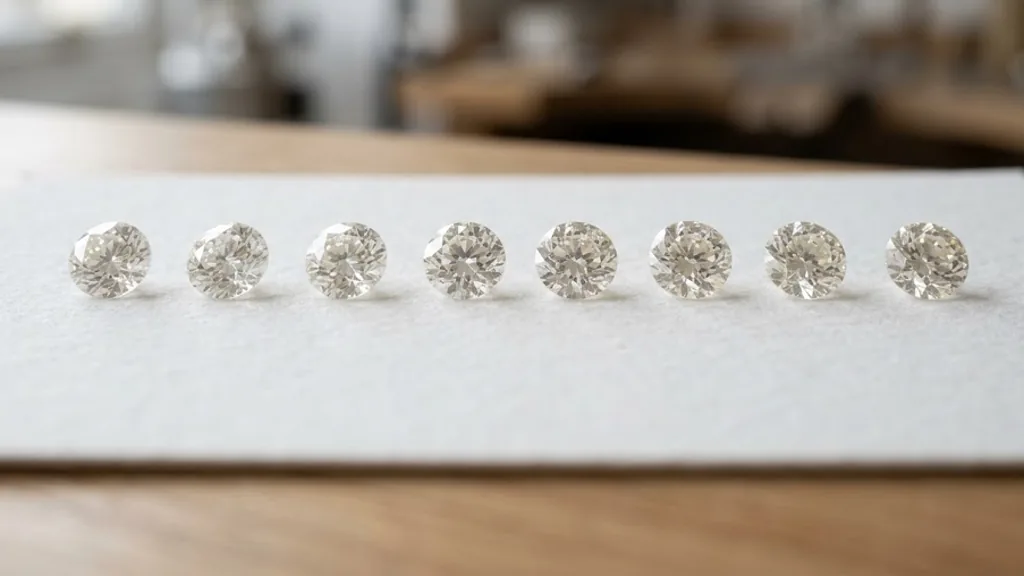 Loose lab-grown diamonds in a row showing subtle colour variation