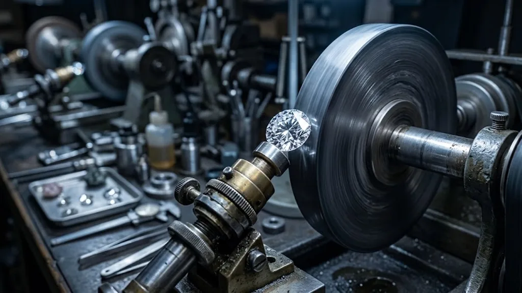 Round brilliant diamond on a precision polishing wheel