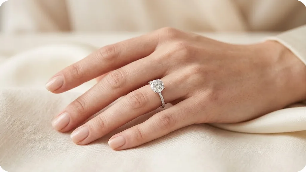 Close-up of a hand wearing a diamond engagement ring on the ring finger