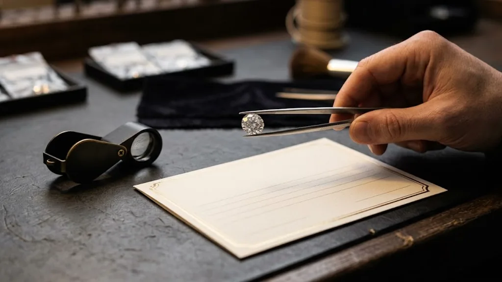 Jeweller's loupe and tweezers holding a round brilliant diamond beside a valuation document