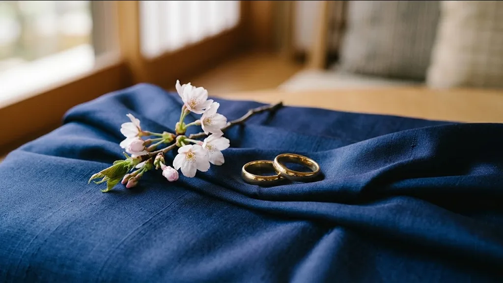 Two gold wedding bands on indigo silk beside cherry blossom