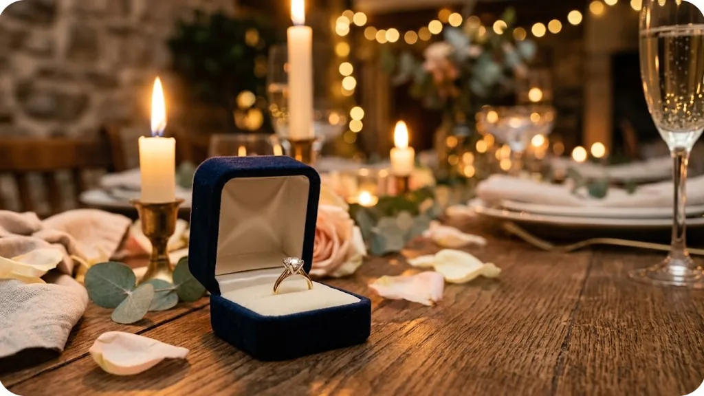 Open ring box with a diamond solitaire engagement ring