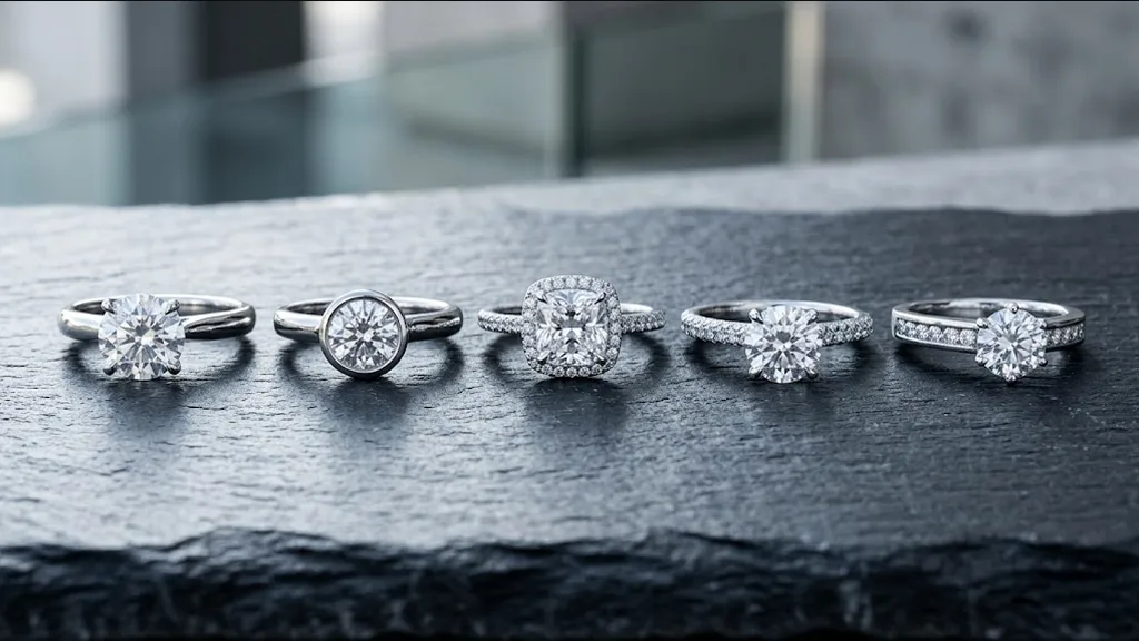 Five engagement rings showing claw, bezel, halo, pave and channel settings