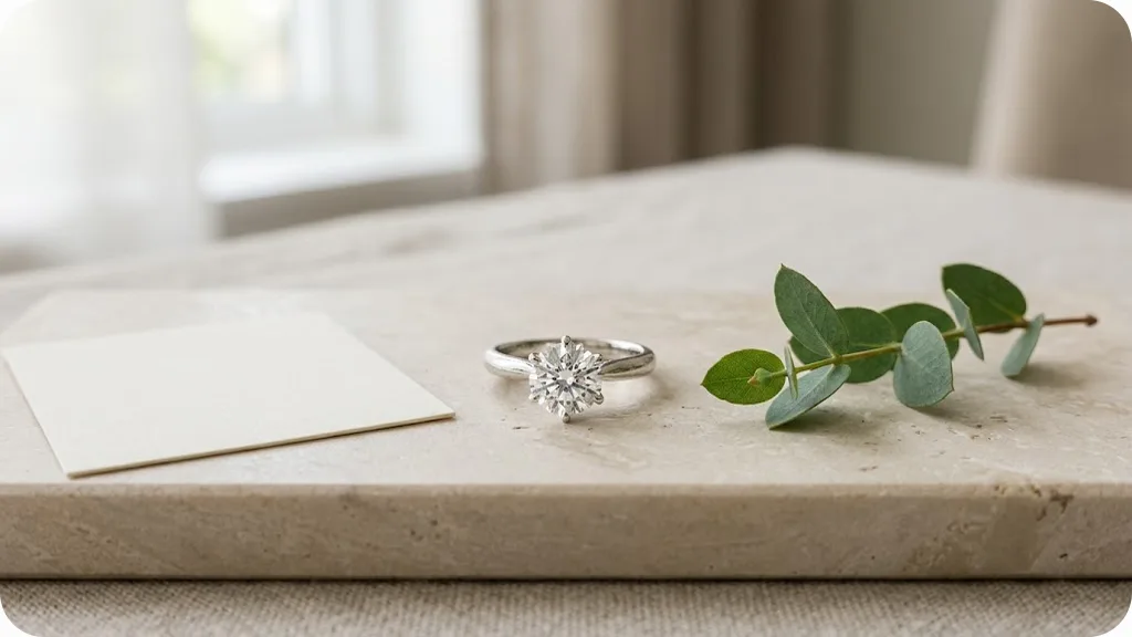 Lab-grown diamond solitaire ring on a pale stone slab beside a certificate card