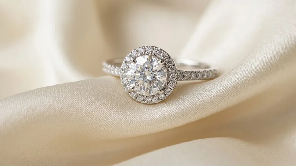Halo engagement ring with a central round diamond framed by smaller diamonds on ivory silk