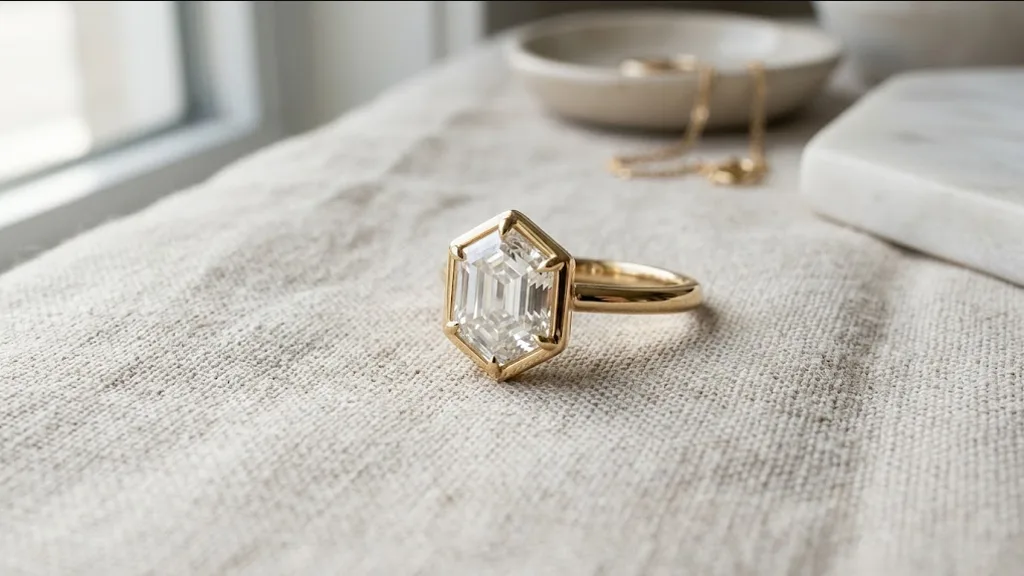 Hexagon step cut diamond engagement ring in yellow gold on linen