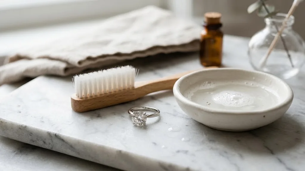 Diamond ring beside a soft brush and dish of soapy water