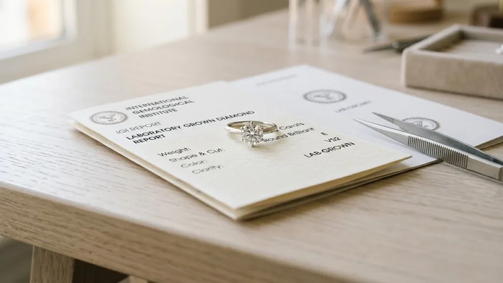 Lab-grown diamond ring resting on a certificate with tweezers