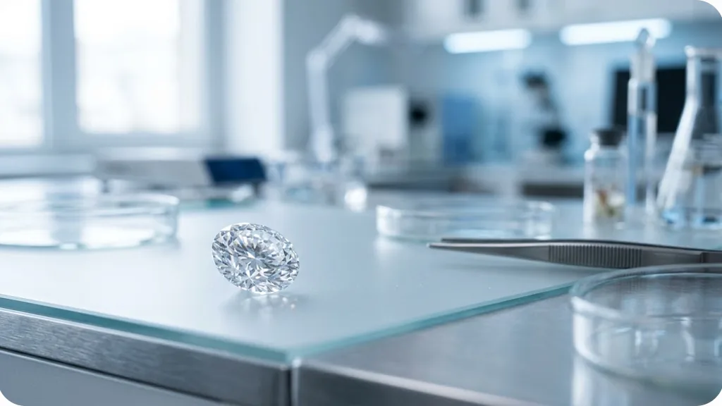 Polished lab-grown diamond on a laboratory surface