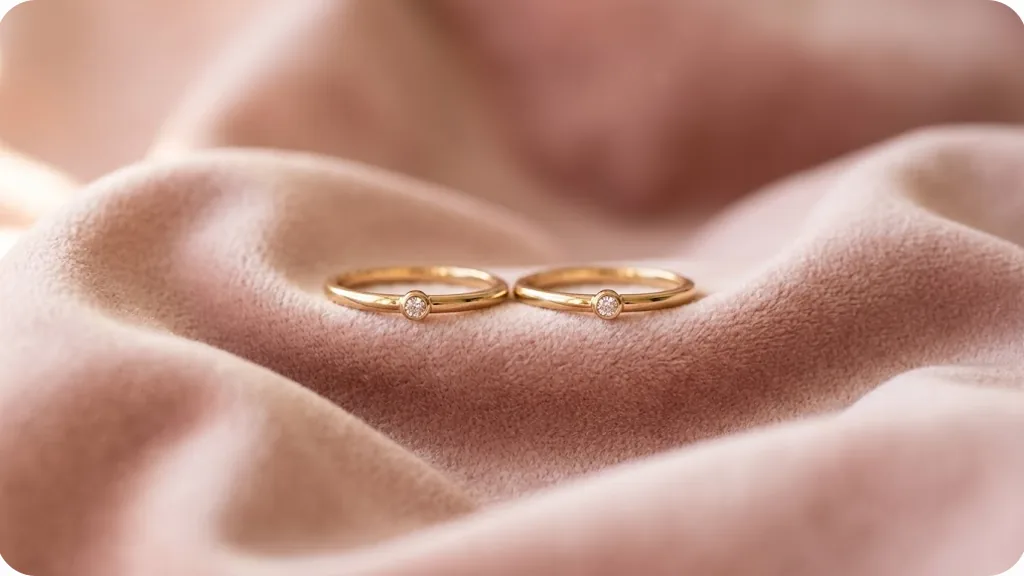 Two slim matching promise rings resting side by side on blush fabric