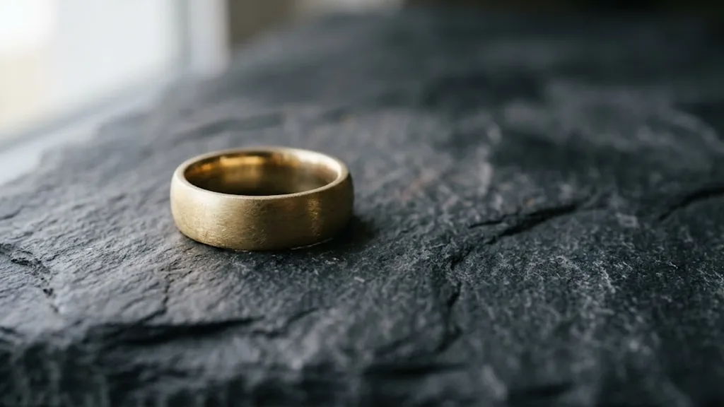 Wide brushed finish mens wedding band in yellow gold