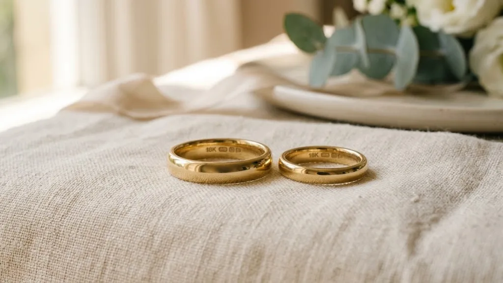 Two 18ct yellow gold wedding bands resting side by side on cream linen
