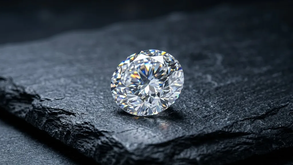 A large round brilliant cut lab-grown diamond resting on dark slate