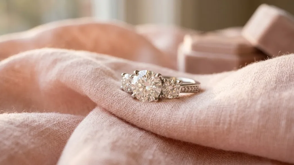 A three stone diamond engagement ring resting on soft blush fabric