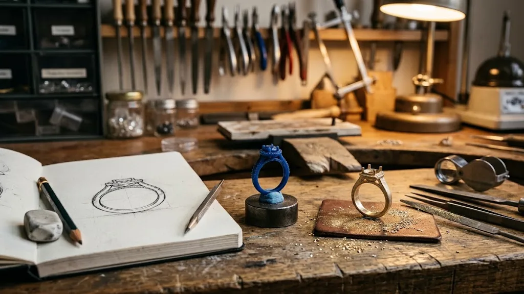 A jewellers workbench with a ring design sketch, wax model and part-finished gold band
