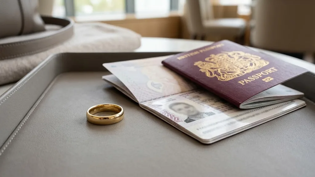 A gold wedding band resting beside a passport on a travel tray