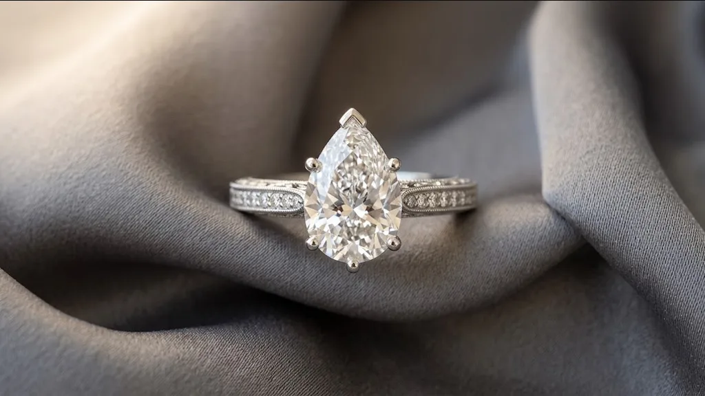 Pear shaped diamond ring showing the V claw over its point