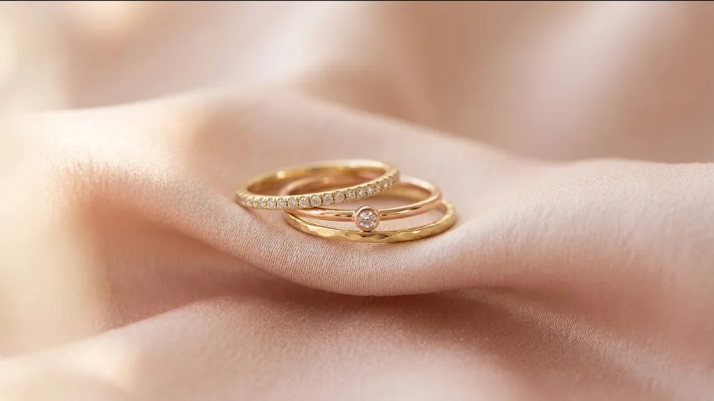 Three slender promise rings stacked together on soft blush fabric