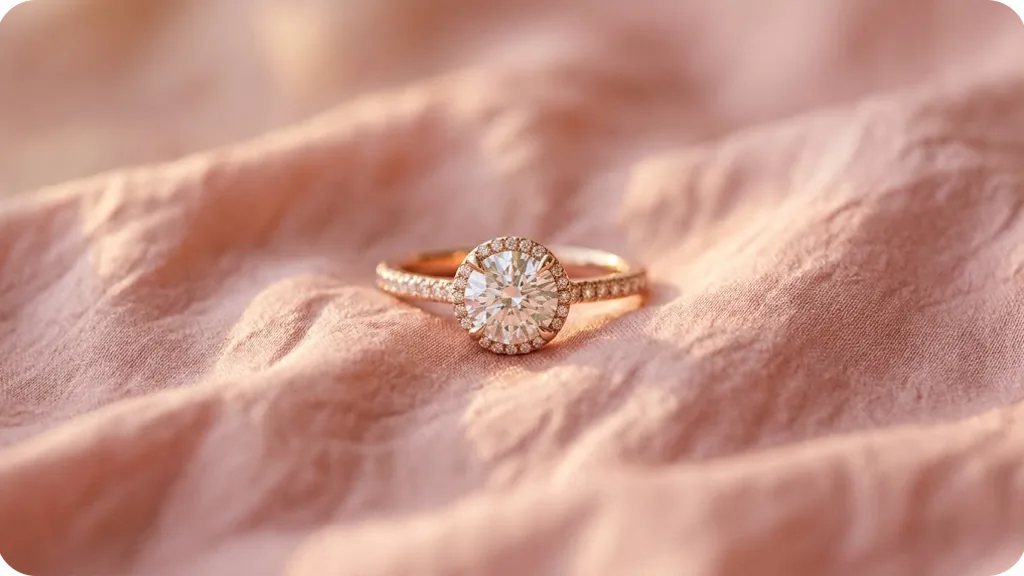 Rose gold diamond engagement ring on blush silk