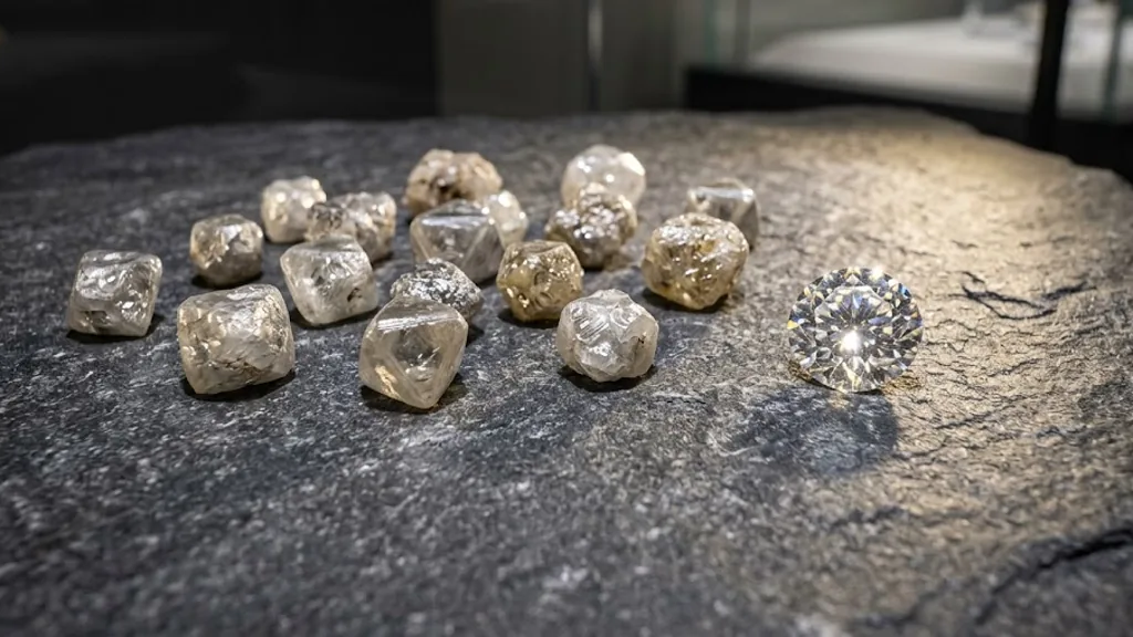 Rough uncut diamond crystals beside a polished round brilliant