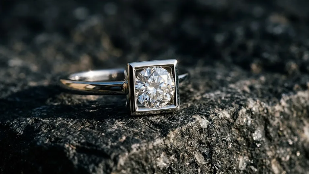 Round brilliant diamond set inside a square rubover mount in white gold
