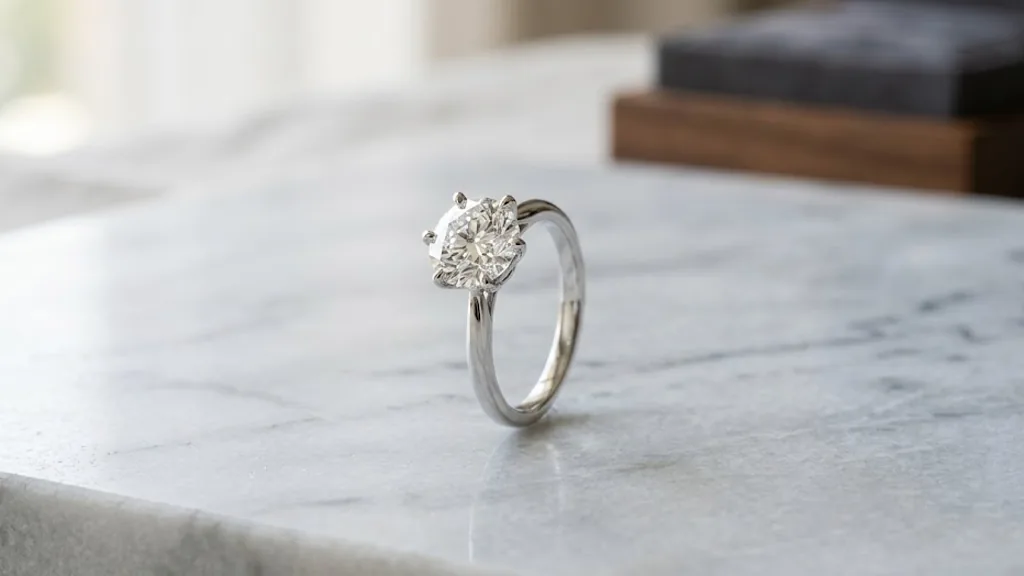 Classic six-claw solitaire diamond engagement ring on a pale marble surface