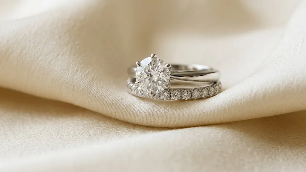 Diamond engagement ring stacked with a matching eternity band