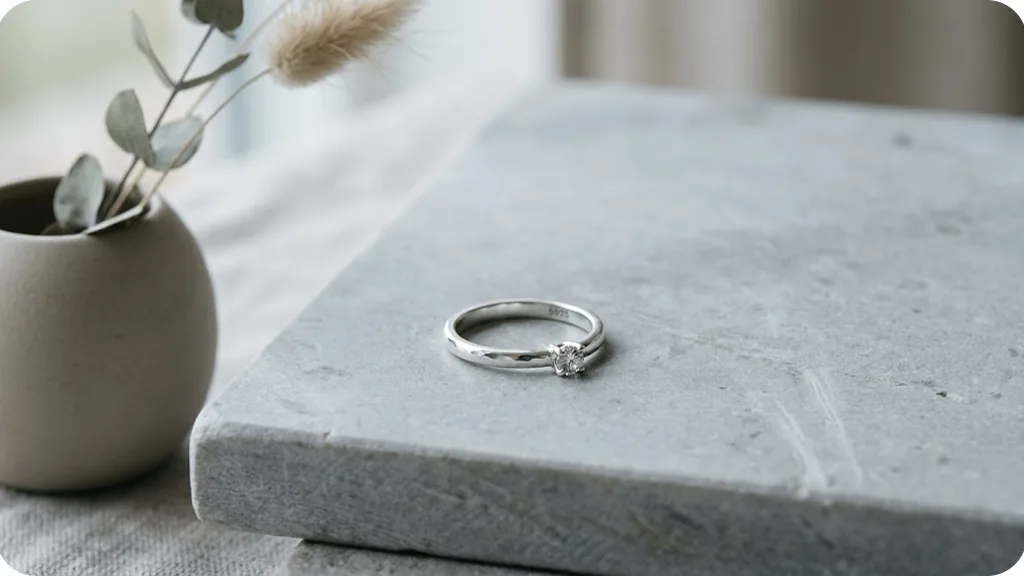 Delicate sterling silver ring on a light grey stone surface