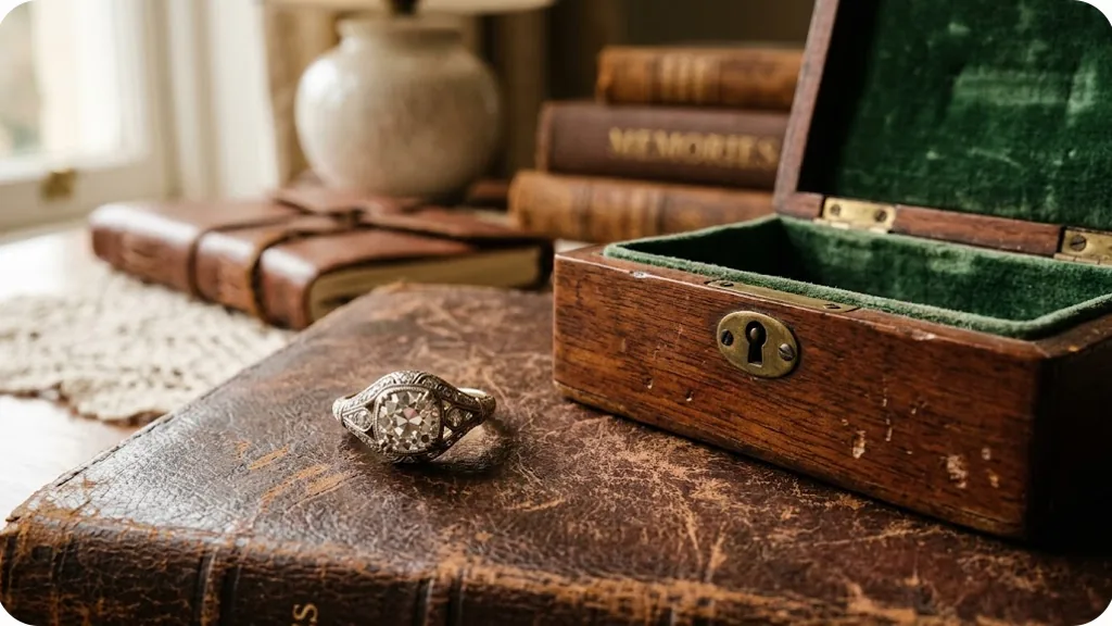Antique vintage diamond ring beside an old jewellery box