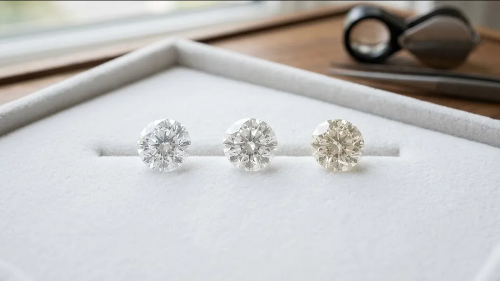 Three loose round diamonds compared for warmth on a white tray