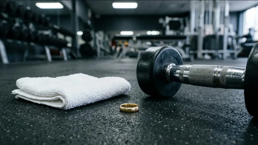 Plain gold wedding ring beside a towel and dumbbell on gym floor