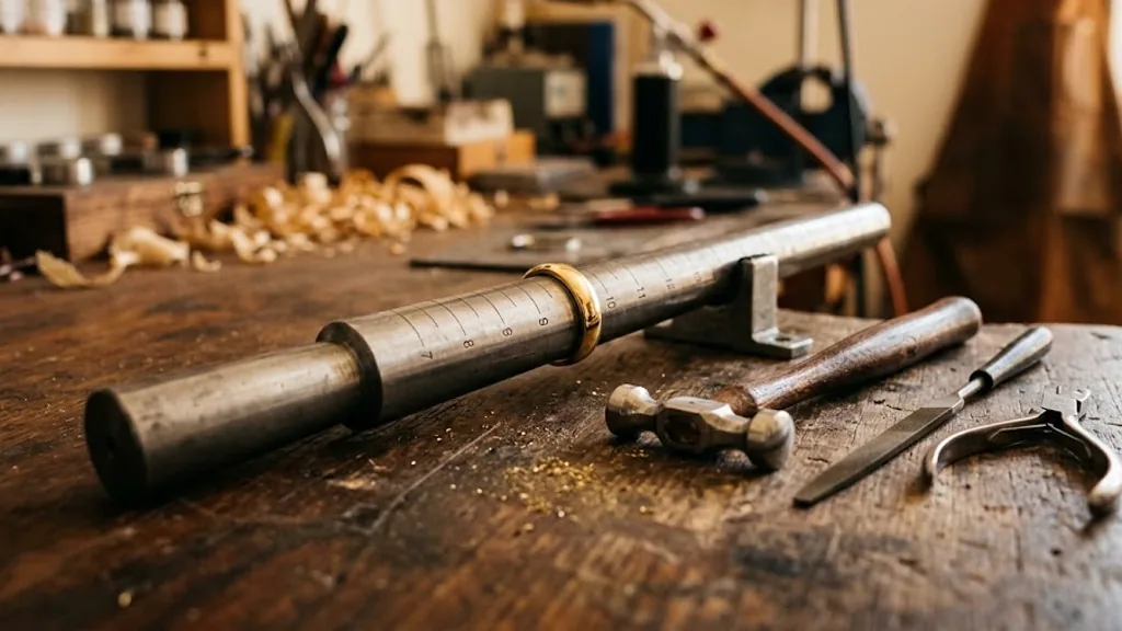 Gold ring on a jewellers ring mandrel with tools on a workbench