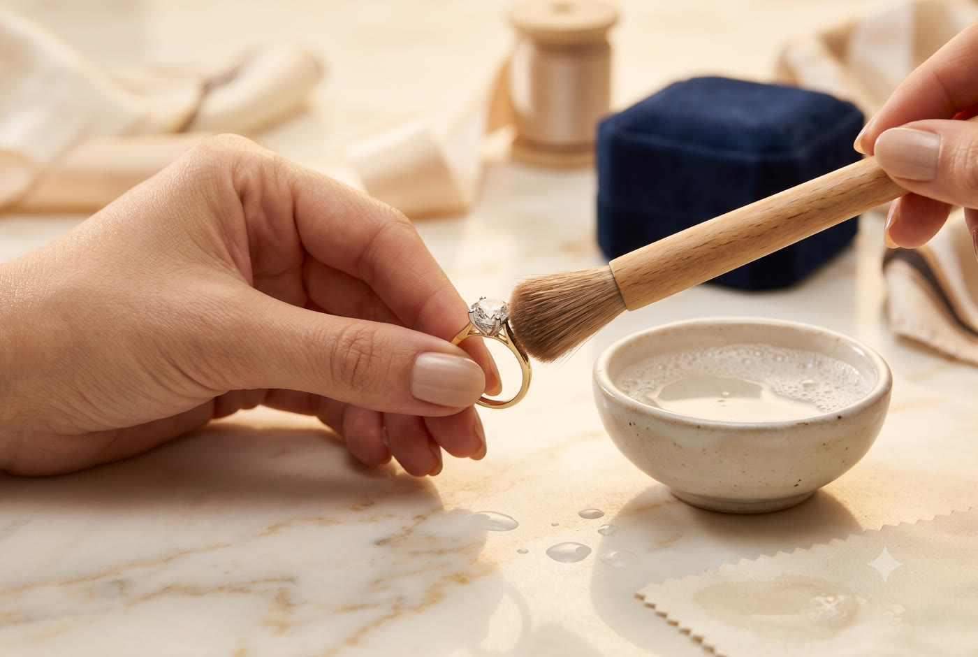Gently cleaning a diamond ring with a soft brush