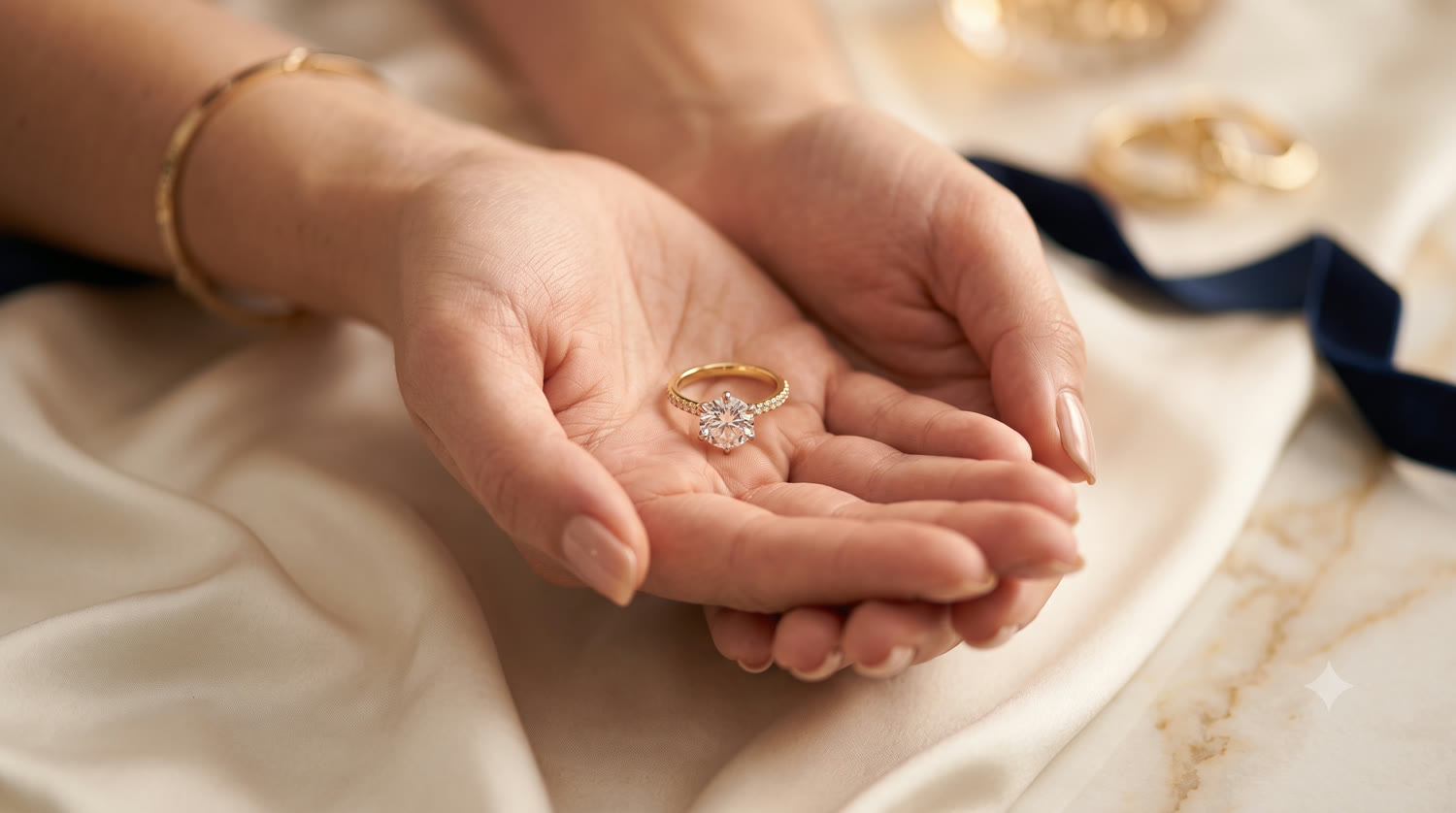 A diamond engagement ring held gently in cupped hands